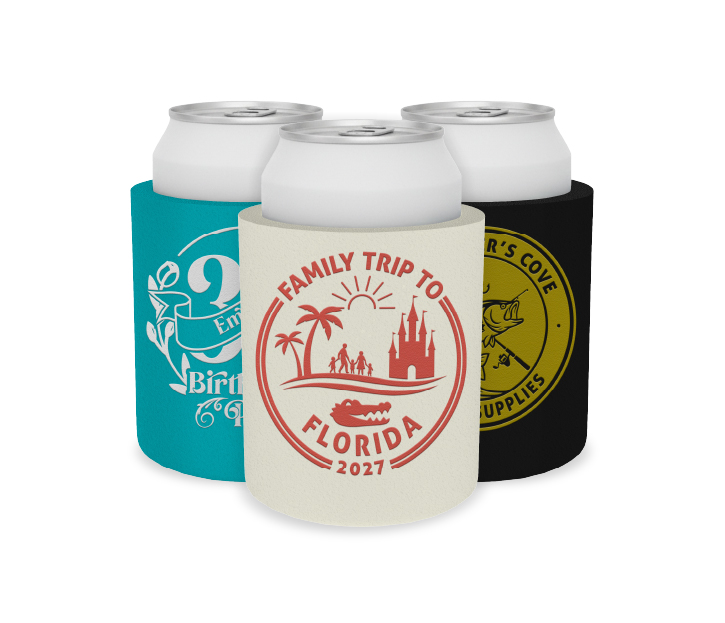 Custom hard foam koozies with text and single ink print in different designs, ideal for weddings, birthday parties, and corporate giveaways.