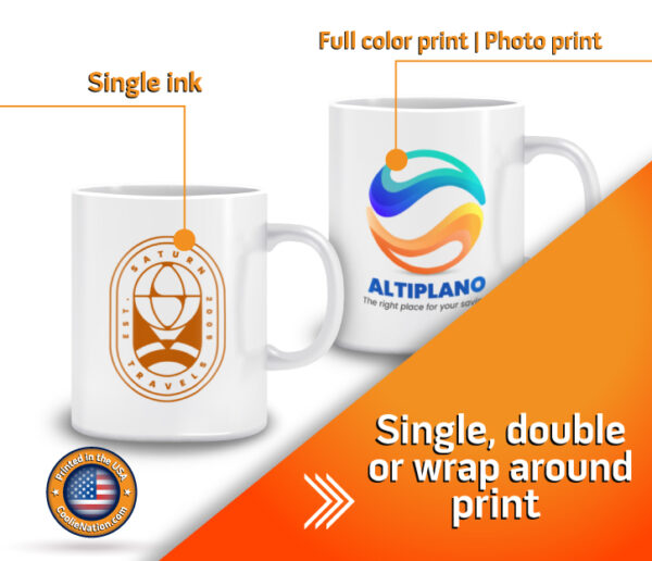 Custom coffee mug with single ink and full-color printing option
