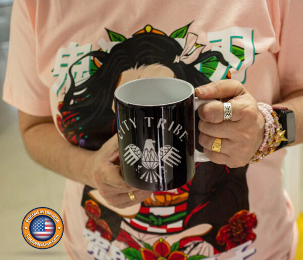 Woman holding a custom mug with a personalized design