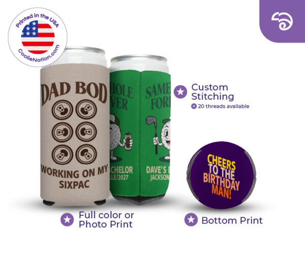 Custom 16 oz can koozies with full color print, bottom print, and custom stitching options from CoolieNation.