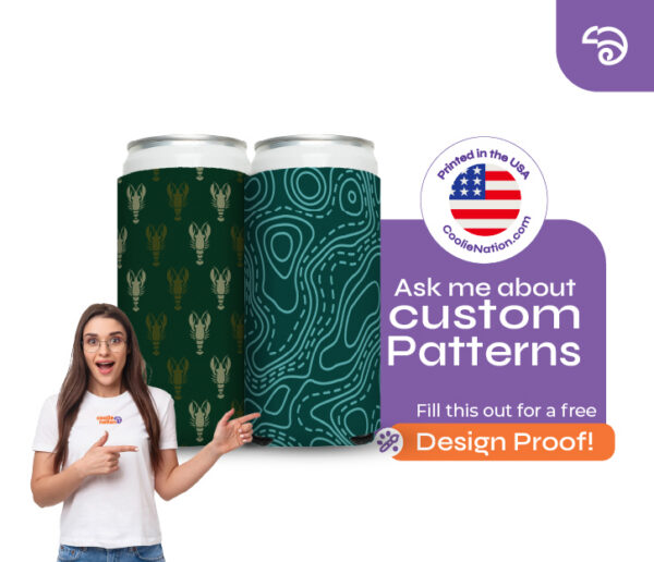 Personalized 16 oz can koozies with custom pattern designs, including lobster and abstract prints from CoolieNation.