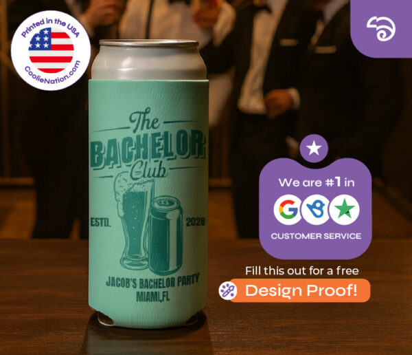 Personalized 16 oz can koozie for bachelor party with custom print and event details, premium neoprene by CoolieNation.