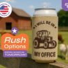 Custom 16 oz can koozie with funny tractor design on farm setting, featuring rush delivery options from CoolieNation.