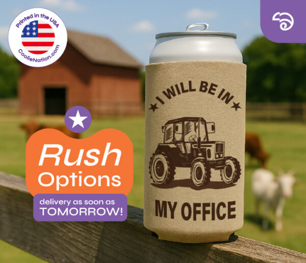 Custom 16 oz can koozie with funny tractor design on farm setting, featuring rush delivery options from CoolieNation.