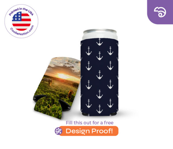 16 oz custom can koozie with anchor pattern and full color photo print, collapsible neoprene design by CoolieNation.