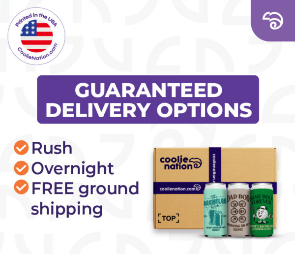 Custom 16 oz can koozies with guaranteed delivery options including rush, overnight, and free shipping from CoolieNation.