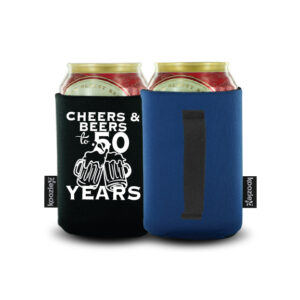 Black and navy handle koozies with a fun 50th birthday design