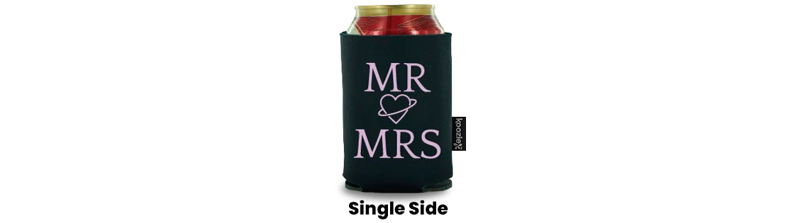 Custom wedding design on a black handle koozie, perfect for wedding parties