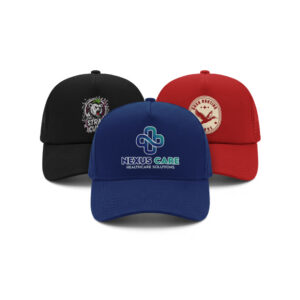 Three custom hats printed with diverse designs, highlighting personal flair
