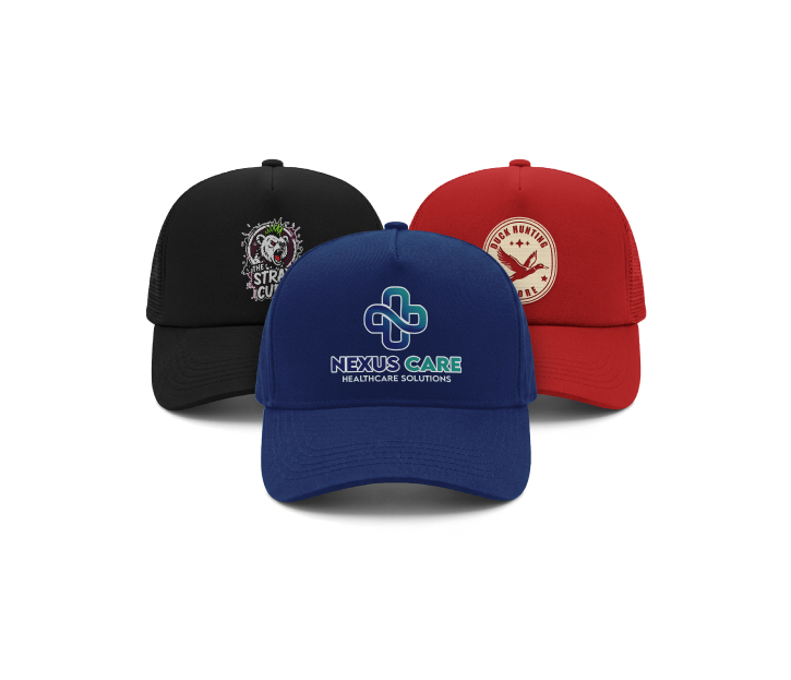 Three custom hats printed with diverse designs, highlighting personal flair