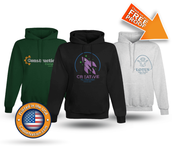 Three personalized hoodies with the logo of different business.