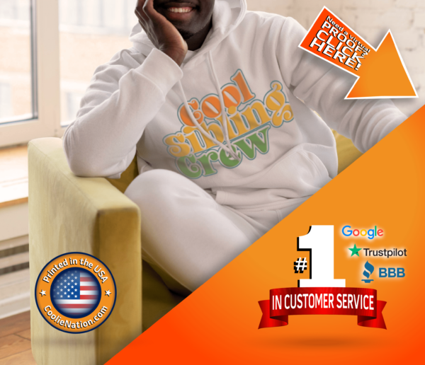 A man sitting on a couch wearing a white hoodie, showcasing personalized hoodies.