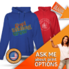 A woman pointing to a hoodie with the words "Ask me about print options" - personalized hoodies.