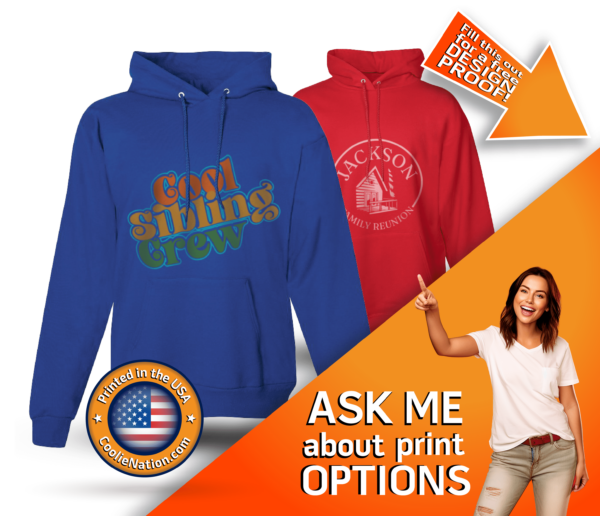 A woman pointing to a hoodie with the words "Ask me about print options" - personalized hoodies.