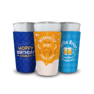 Set of three pint glass koozies printed with custom brewery designs, perfect for promote brands