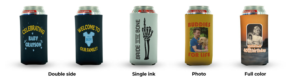 Personalized collapsible 16oz can cooler with full color and single ink print for restaurants, weddings, and branded business giveaways.