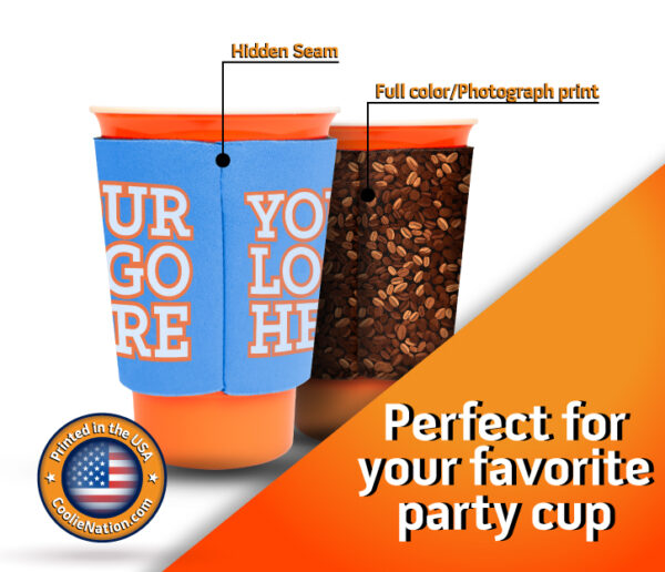Solo cup sleeves koozie with foam material, hidden stitching, and sublimation printing