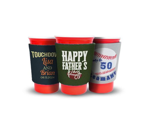 three koozie for solo cup with football custom design on them perfect for keeping your drinks cool