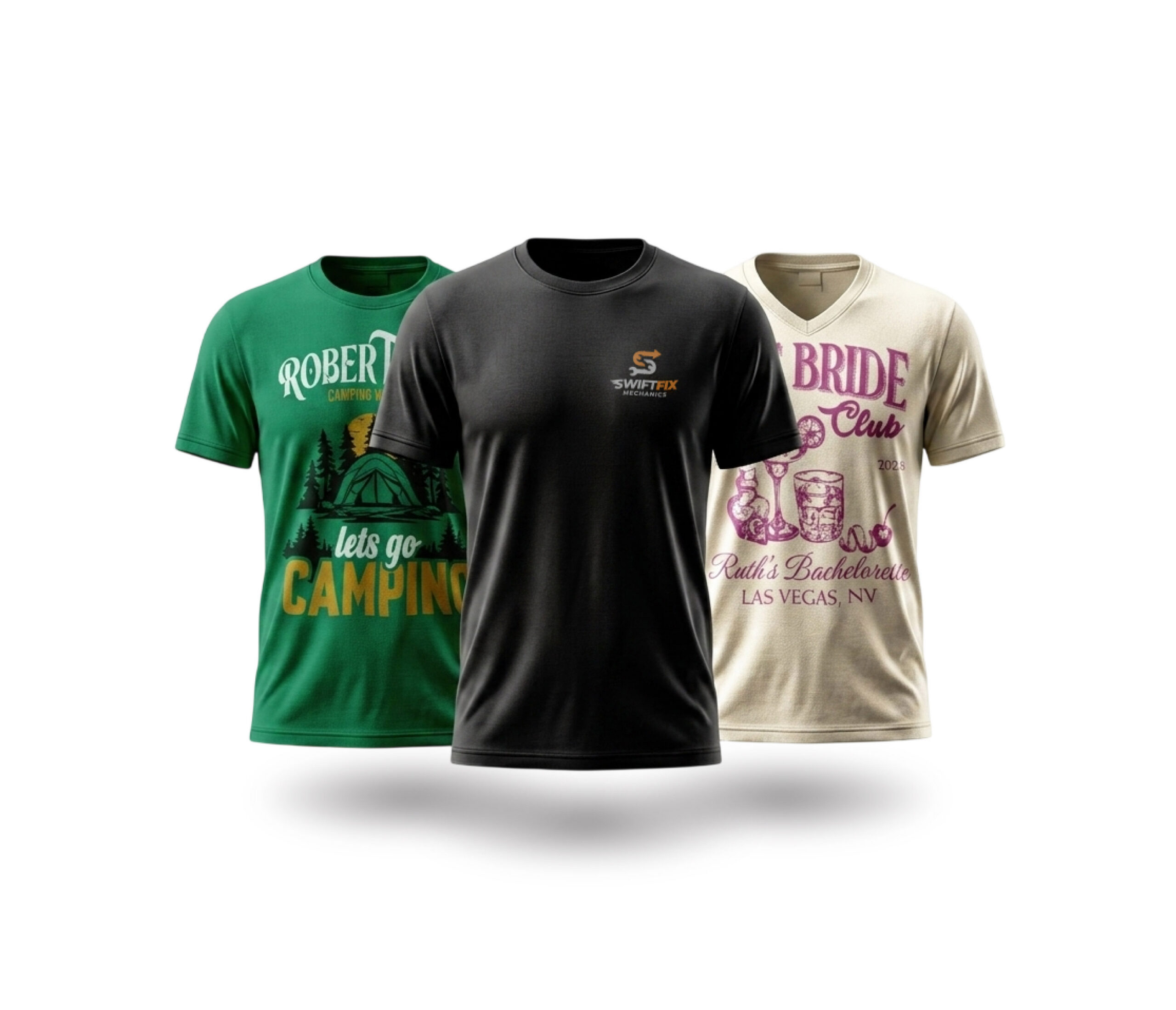 Three t-shirts with different designs, personalized