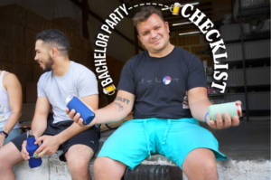 Group of guys holding bachelor party koozies with custom designs