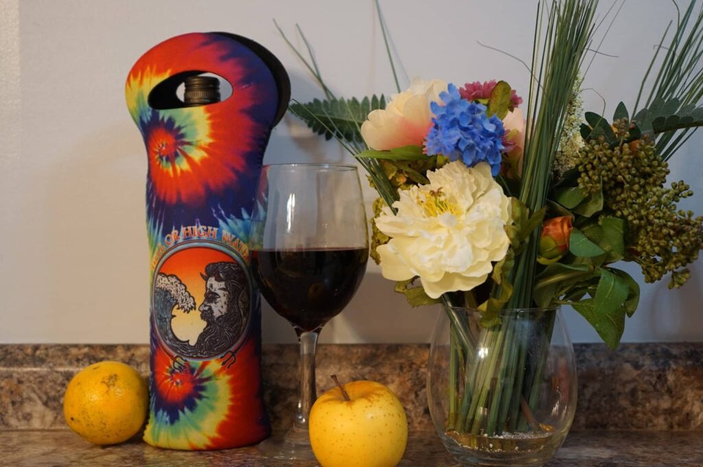 Custom wine tote bag koozie with a glass of wine