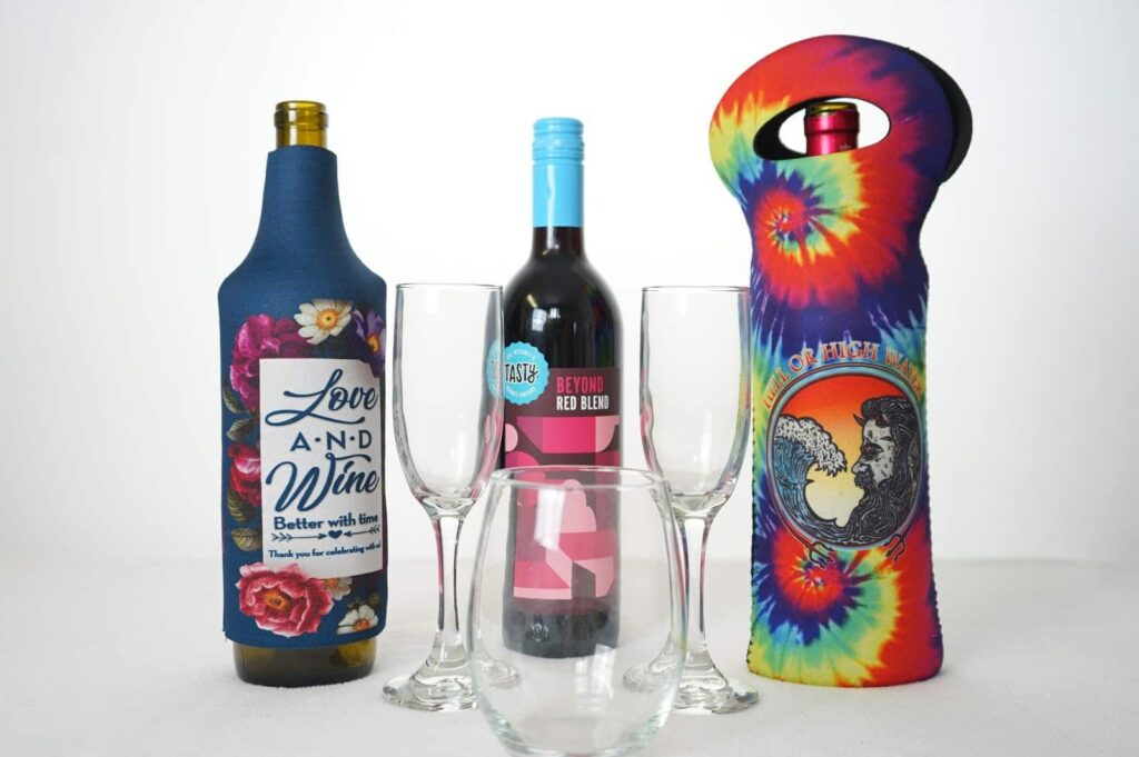 Custom wine tote bag and wine bottle koozie with full color print