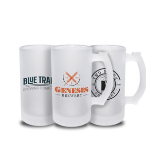 Three personalized 16oz beer mugs with breweries logo, showcasing the perfect brew for beer enthusiasts