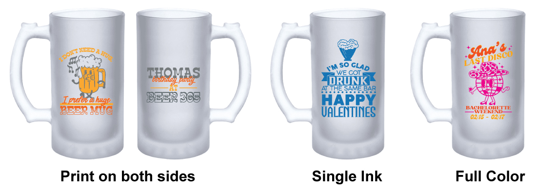 Personalized 16 oz beer mug with handle, choose from single ink or full-color printing options