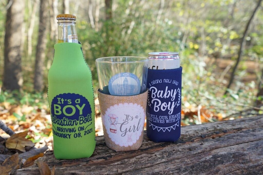 Custom gender reveal koozies for bottle, pint glass, and tall slim drinks