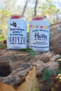 Custom gender reveal koozies with personalized design and colors