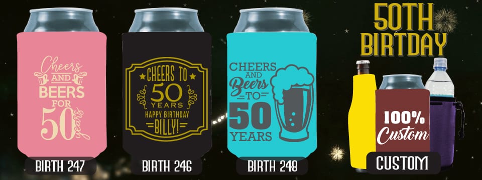 Collection of personalized koozies with different 50th birthday themes