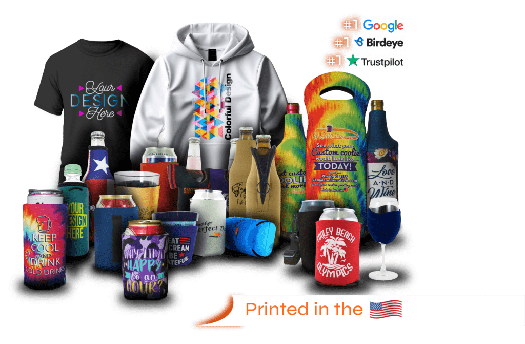 Custom koozies and tees with stunning full-color prints for every occasion, from weddings to business events