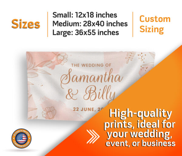 Wedding design banner with information about available sizes