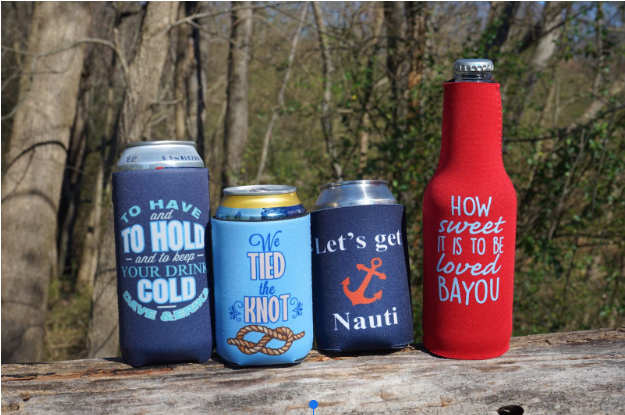 Personalized koozies for a nautical wedding with couple's names