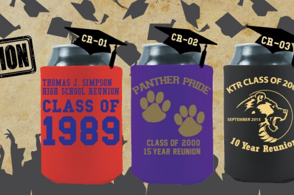 a group of cans with custom can sleeves and with graduation caps