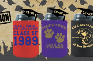 a group of cans with custom can sleeves and with graduation caps