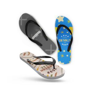 Three colorful flip flops with personalized designs.