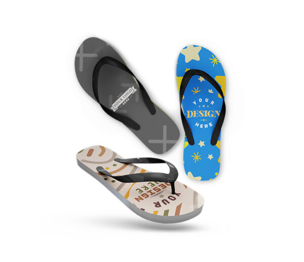 Three colorful flip flops with personalized designs.