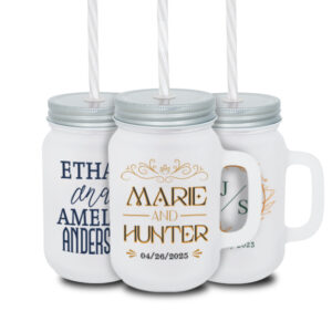 Three personalized mason jar wedding favors, perfect for a special day or to promote a business.