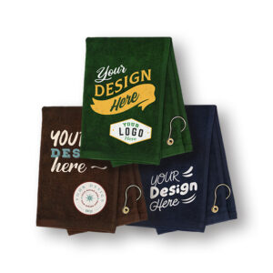 Three personalized golf towels with unique designs and logos