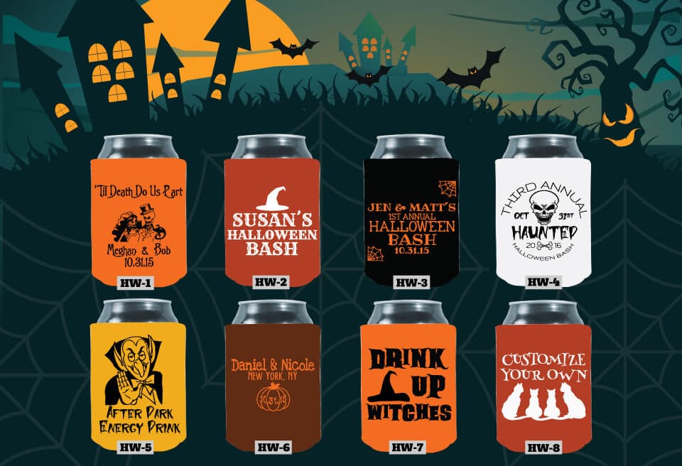 Custom Halloween koozies with spooky designs and personalized text