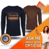 A woman pointing to a shirt with the words "Ask about print options". Custom long sleeve design.