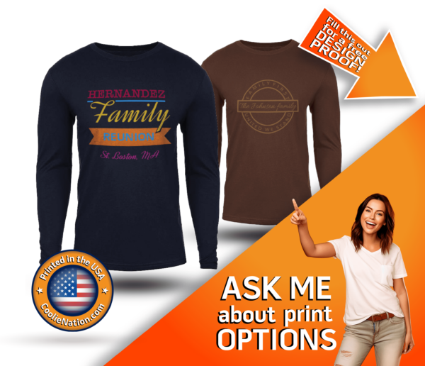 A woman pointing to a shirt with the words "Ask about print options". Custom long sleeve design.