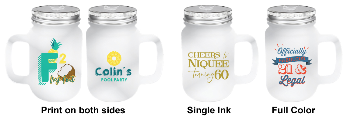 Personalized frosted mason jar with lid & straw, with a high-quality print example