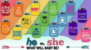 gender reveal party with a question mark symbolizing the anticipation of whether it's a boy or a girl. Custom koozies add a personalized touch.