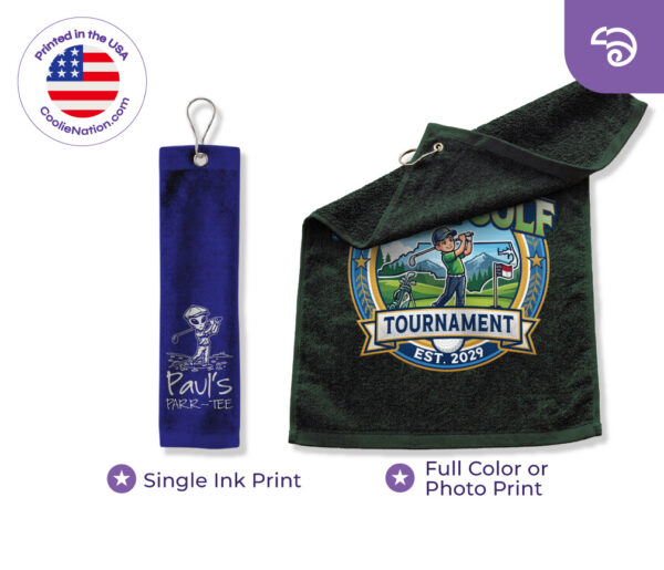Two custom golf towels from CoolieNation. A blue tri-fold towel with a single-ink Paul’s Parr-Tee design and a green towel with a full-color golf tournament print.
