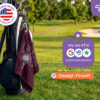 Maroon custom golf towel clipped to a bag on the fairway with an I Suck at Golf design. CoolieNation is rated #1 in Google customer service. Free design proof available.