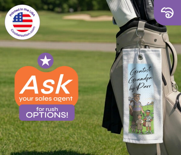 Custom golf towel hanging from a bag on the course with a Greatest Grandpa by Parr design. Printed in the USA. Ask your sales agent about rush options.