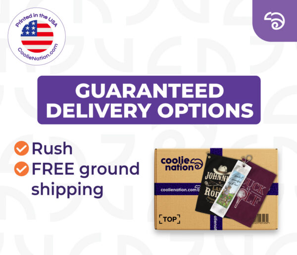 CoolieNation box of custom golf towels with guaranteed delivery options, including rush shipping and free ground shipping. Printed in the USA.
