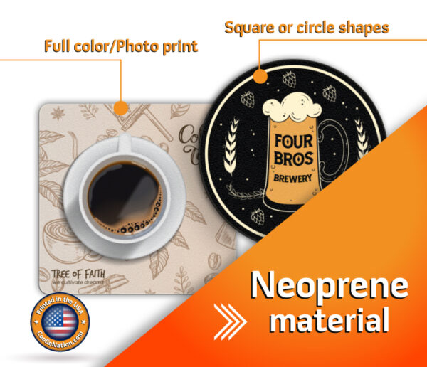 Custom square and circle coasters with coffee and brewery designs